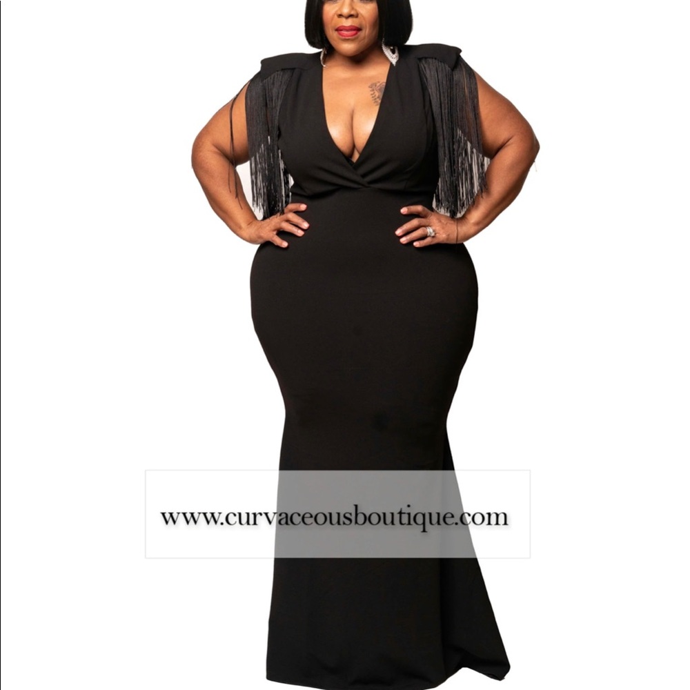 Black Fringe Low V-Cut Gown